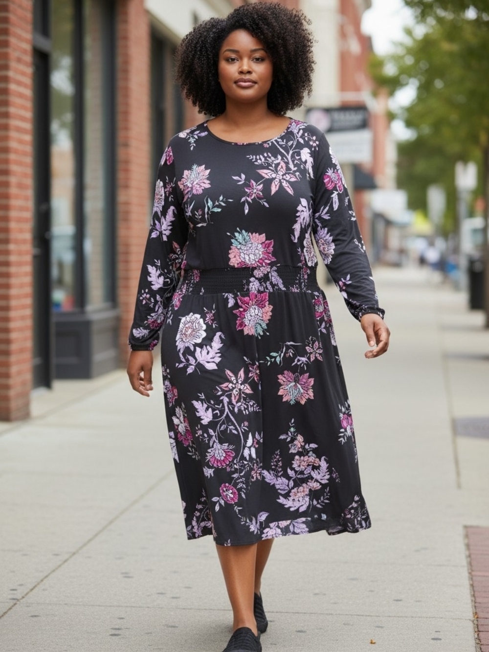 LuLaRoe Evelyn 2XL Black 3/4 Sleeve Midi Dress Pink & Lavender Floral Print NWT